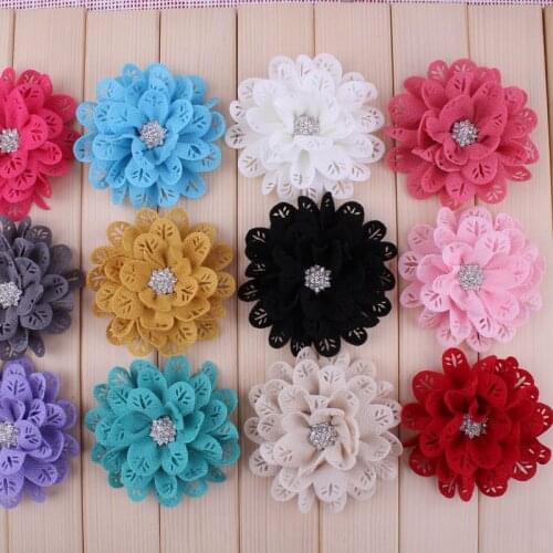 5pcs/lot 3.8" 12Colors Fashion Artificial Fabric Flowers With Sparkly Button For Weeding Chic Hollow Out Leaf Flowers