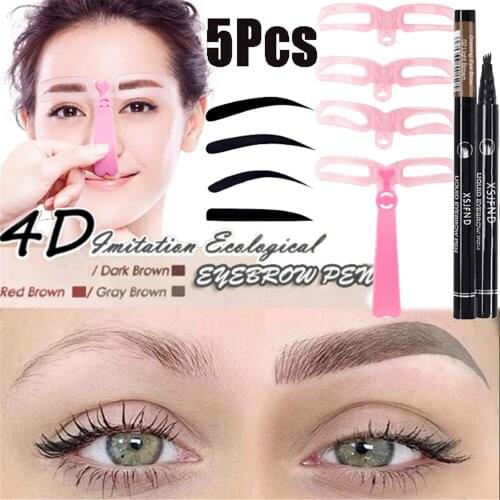 5Pcs/Set Waterproof Eyebrow Pen Four-claw Eye Brow Tint Makeup Four colors Liquid Eyebrow Pencil with Eyebrow Template Cosmetics