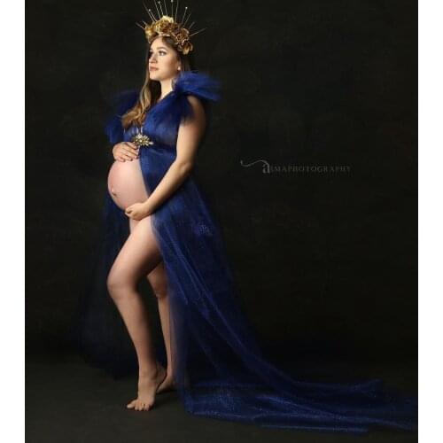 Glitter Navy Blue See Thru Long Tulle Maternity Dresses Photography Open Front Long Women Dresses A-line Night Gowns