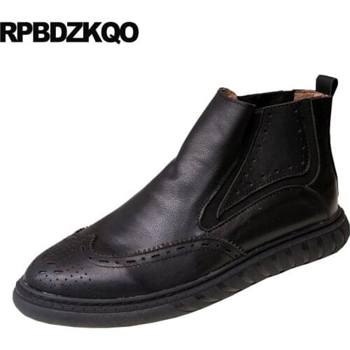 Slip on booties boots winter handmade genuine leather full grain brown faux fur short stylish wingtip Mens shoes brogue black