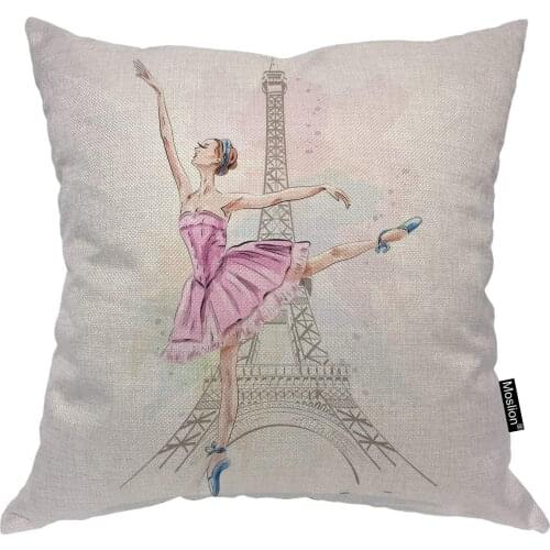 Moslion Ballerina Throw Pillow Cover Eiffel Tower Dancer Paris Eiffel Tower Beautiful Girl Posing Square Pillow Case Cushion