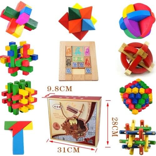 10PCS/LOT Multi Color Wood Puzzle Toys Classic IQ 3D Wooden Interlocking Burr Puzzles Mind Brain Teaser Game Toy Adults Children