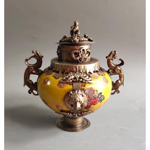 China archaize White copper mosaic ceramics Incense burner crafts statue