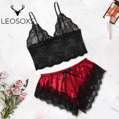 LEOSOXS 2020 Newest 2Pcs Women Sexy Satin Lingerie Underwear Sets Babydoll Nightwear Sleepwear Silk Strap Solid Color Lace Sets