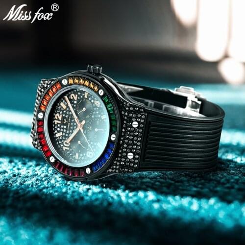 MISSFOX Fashion Watch Men Creative Colored Square Diamond Mens Watches Male Wristwatch Luxury Blak Mens Clock Relogio Masculino