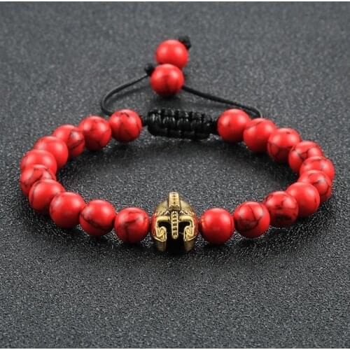 Trendy Roman Knight Spartan Warrior Helmet Beaded Bracelets Men Natural Stone Black Lava Onyx Adjustable Bracelet Women Jewelry