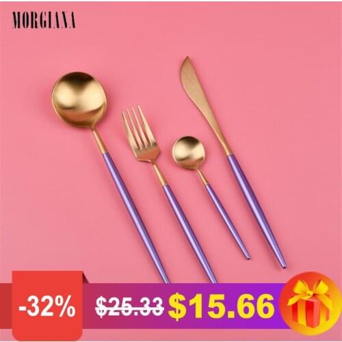 MORGIANA 4Pcs/Set Purple Gold Handle Stainless Steel Silver Two Colors Dinnerware Set Western Knife Fork Scoops Cutlery Set