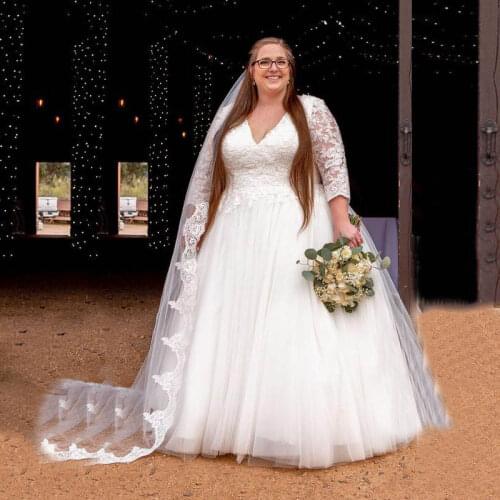 2021 New Gorgeous Big Size Women Bridal Wedding Dresses Lace with 3/4 Sleeves Ball Gown Wedding Gowns for Bride Sexy V Neckline