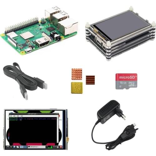 Original UK Raspberry Pi 3 Model B+ with 3.5 inch LCD Module Acrylic Case 5V3A Power Adapter Heat Sink HDMI cable 16G SD Card