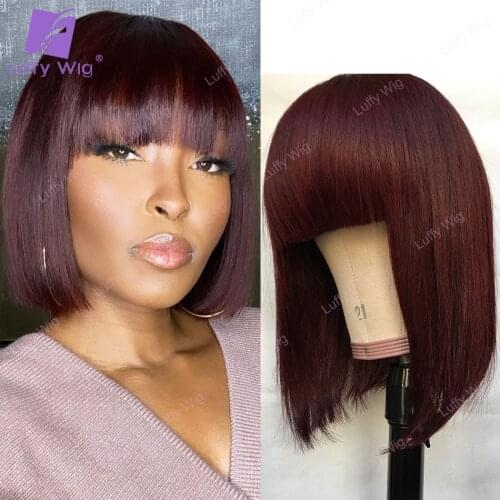 Short Bob Wigs With Bangs Brazilian Remy Human Hair Blunt Cut Machine Bob Wig With O Scalp Top 99J Straight 150% Density Luffy