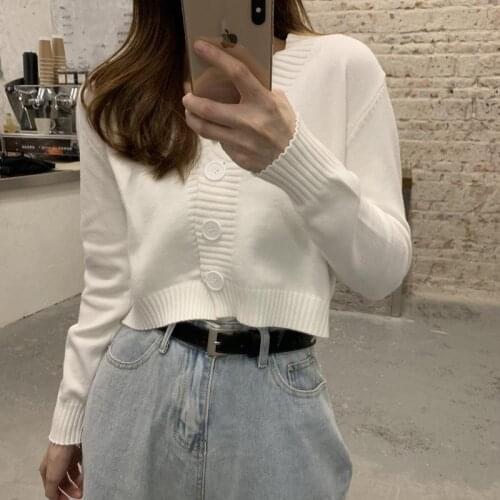 Ladies button V-neck pullover sweater womens fall winter 2021 new outer solid color cardigan long-sleeved short knitted tops