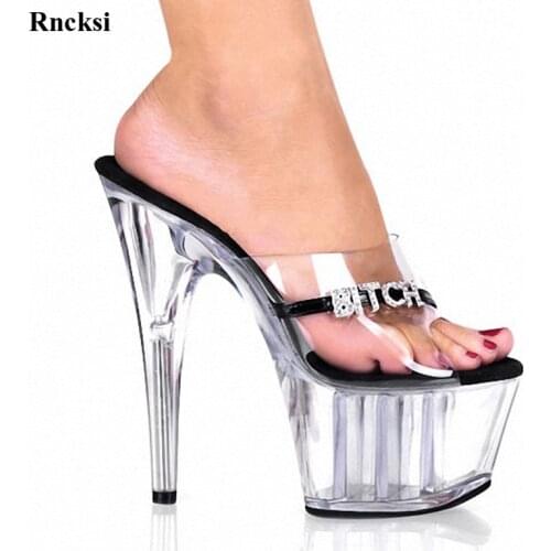Rncksi New Stylish 15CM High Heel Platforms Slippers Women Sexy Crystal Sandals 6 Inch Glitter Heels Clubbing Womens Shoes