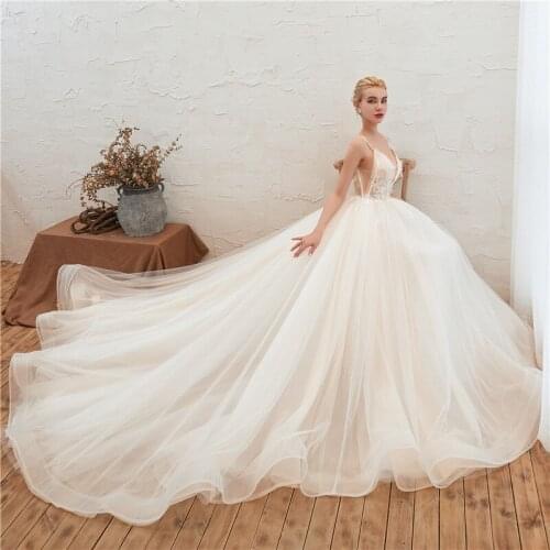 Elegant Spaghetti Straps Tulle with Appliques Backless Chapel Train Wedding Dress Robe de mariee Vestido de novia Wedding gowns
