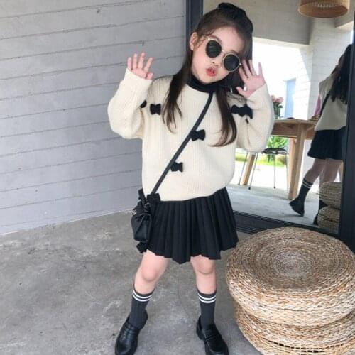 Girls Sweater Babys Coat Outwear 2021 Bow Thicken Warm Winter Autumn Knitting Scoop Pullover Christmas Gift Childrens Clothing
