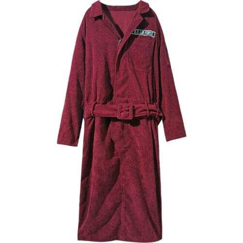 PERHAPS U Wine Red Navy Blue Corduroy Turn Down Collar Long Sleeve Sash Pocket Letter Print Solid A-line Midi Dress D1406