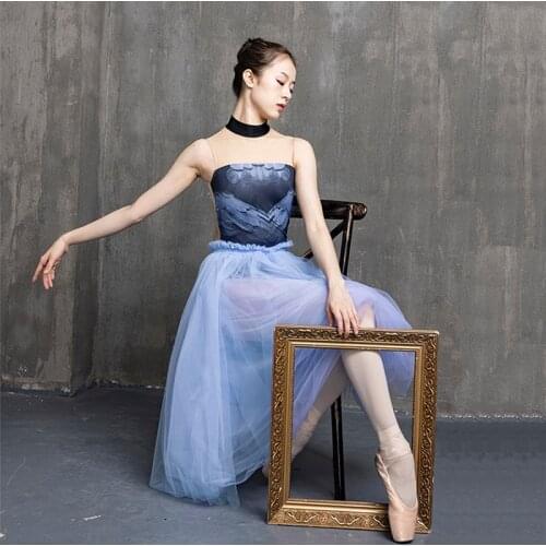 80CM Professional Adults Ballerina Ballet Tutus Light Blue Mesh Lace Long Tutu Ruffle Elastic Waist Women Tulle Ball Skirt
