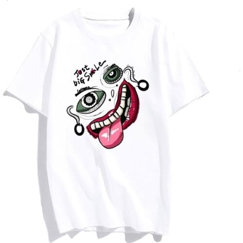 Women Graphic Just Big Smile Cartoon Cute Fashion Print Short Sleeve Summer Lady Tops T-Shirt Womens Clothing Tee Female T-shirt