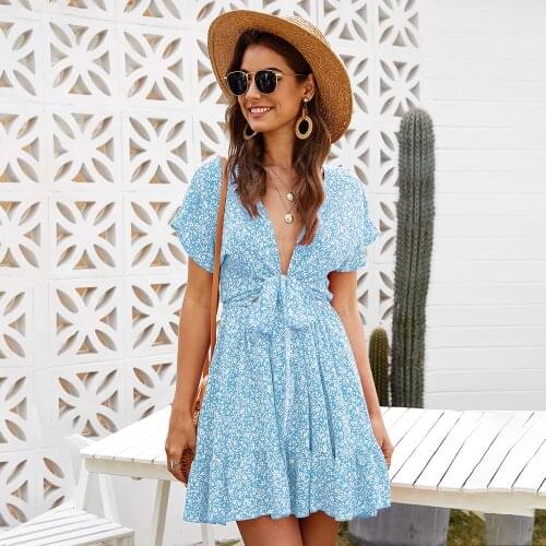 Women Fashion Plunging Neck Knot Front Ditsy Floral Dress Summer Deep V-neck Sexy Dresses Mini High Waist Dress