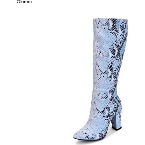 Olomm 2020 Handmade Women Knee High Boots Square Heel Boots Pointed Toe Elegant Blue Snake Pattern Shoes Women Plus US Size 5-15