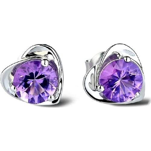 100% Genuine 925 Sterling Silver Woman Earring Elegant Purple CZ Crystal Heart Stud Earrings Antiallergic Fashion Jewelry