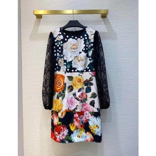 2021 Summer Women Runway Flowers Print Dress Lace Patchwork O-Neck Long Sleeves Empire Mini Hot Sale Dress