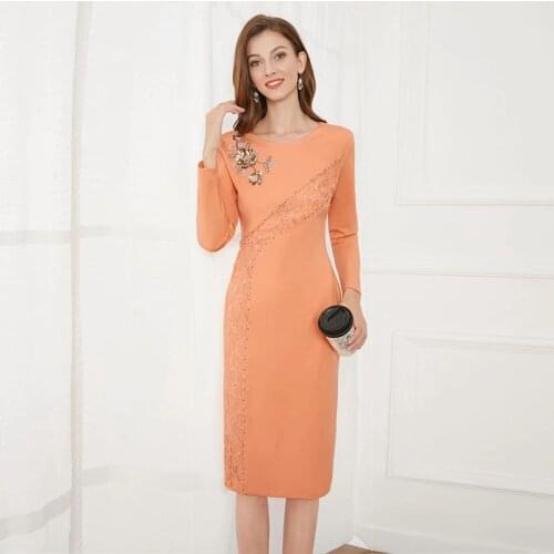 MIUXIMAO 2021 New Autumn Womens Clothing O-Neck Beading Long Sleeve Slim Waist Dress Elegant Fashion Office Style