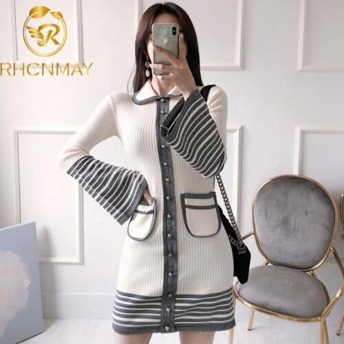 Woman Dress Sweater Dresses For Womens 2020 Fall Winter Clothes Korean Style Long Sleeve Striped Knitted Clothing Pocket