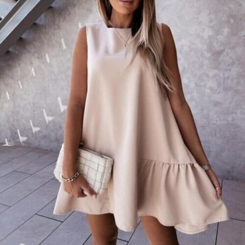 2021 Summer Casual Fashion Solid Simple Ruffle Loose Dress Elegant O Neck Soft Lady Party Dress Sexy Sleeveless Women Mini Dress