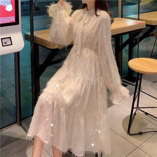 2021 spring new womens chic lace-up bow tassels flare sleeve bling chiffon dress female elegant A-line dresses