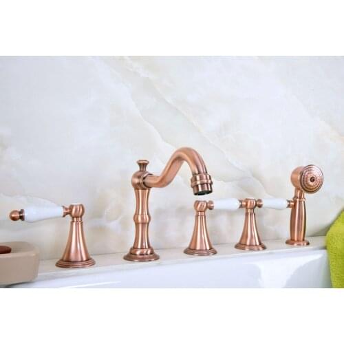 Antique Red Copper Brass Widespread Three Handles Deck Mounted 5 Holes Bathroom Tub Faucet Mixer Tap With Handshower mtf212
