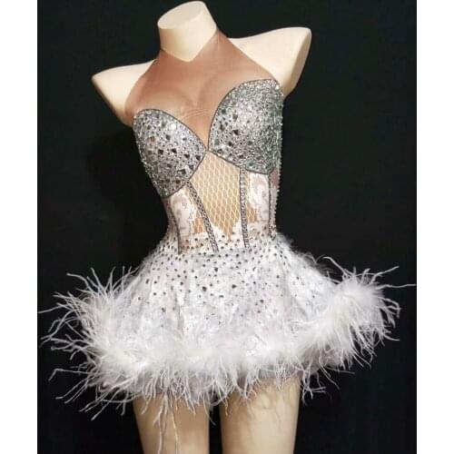 Glisten Slilver Crystal White Feather Dress Women Birthday Celebrate Mine Dress Nightclub Party Singer Costume Dance Show Wear