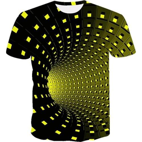 3D Tshirts Black And Yellow Psychedelic Printed T-shirt Men Summer Hip Hop Funny Checked Tunnel Print Tee Shirt Men Women Tops