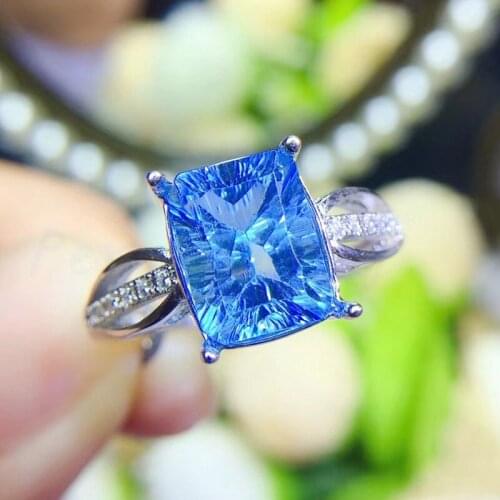 Per jewelry Natural real blue topaz rectangle ring Free shippping 925 sterling silver 9*11mm 5.8ct gemstone Q912818