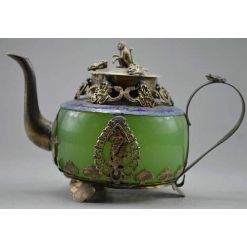 Collectible Old Handwork Green Jade & Tibet Silver Dragon Teapot Monkey Lid