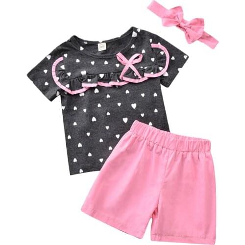 3Pcs Children Girls Pajamas Sets Short Sleeve Heart Print Frills Tops Solid Shorts Headband Kids Toddler Sleepwear Pajamas 2-7T