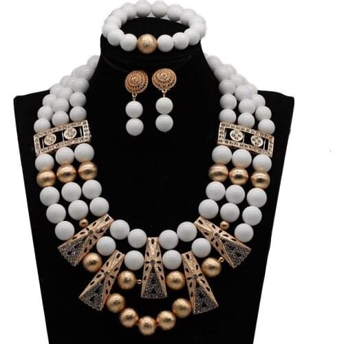 Gorgeous White Stone Beaded African Jewelry Sets Chunky Bib Gold Bridal Necklace Set Nigerian Wedding Jewellery Set WD001