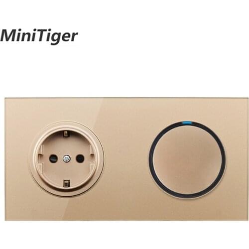 Minitiger White Crystal Glass Panel 16A EU Russia Standard Wall Power Socket 1 Gang 1 Way On / Off Light Switch LED Indicator
