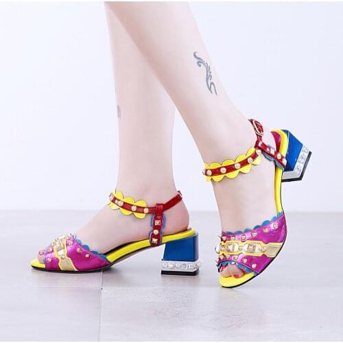 Fashion Women High Heel Shoes 100% Genuine Leather Sandals Round Toe Block Heels Girls Summer Shoes Ladies Pink Sandalias