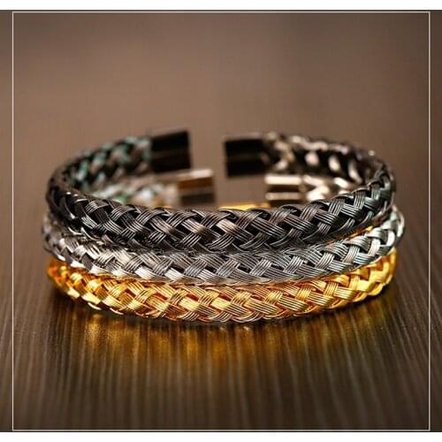 2020 Fashion Stainless Steel Men Cuff Bracelets&Bangles Hip Hop Hemp Rope Buckle Open Bracelet Male Pulseira Jewelry Accessories
