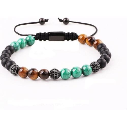 New Design High Quality Natural Real Malachite Stone CZ Pave Ball Braided Friendship Macrame Bracelet Men