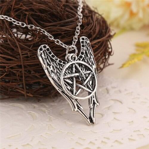 Wholesale Movie Supernature Necklace Pentagram Pendant Wing Pendant Vintage Alloy Necklace 24pcs/lot