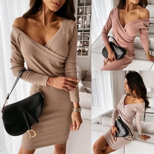 2021 Autumn Winter Women Long Sleeve Dress V-neck Waist Waist Was Thinner Tight-fitting Hip Sexy Dress Short Party Dresses