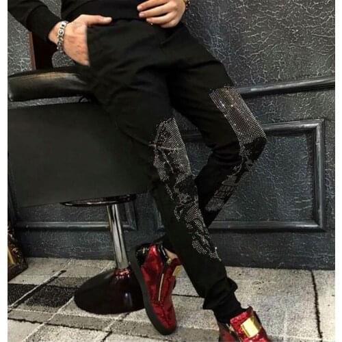 Autumn and winter new fashion brand mens casual hot drilling pants slim Leggings mens scalded skull head cotton elastic pants