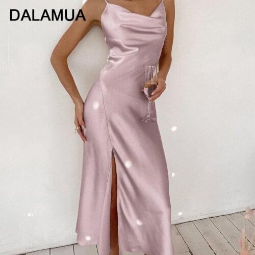Women Slip Dress Soft Satin Sleeveless Solid Color Summer 2021 New Sexy Elegant Office Lady Female Long Dresses Spaghetti Strap