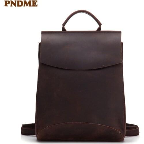 PNDME vintage high quality luxury crazy horse cowhide mens womens backpack casual simple genuine leather teen laptop bagpack
