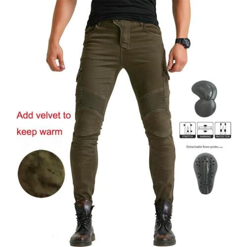 Casual army green and black overalls motorcycle jeans mens winter plus cashmere warm Moto riding pants with 4 PADS protection