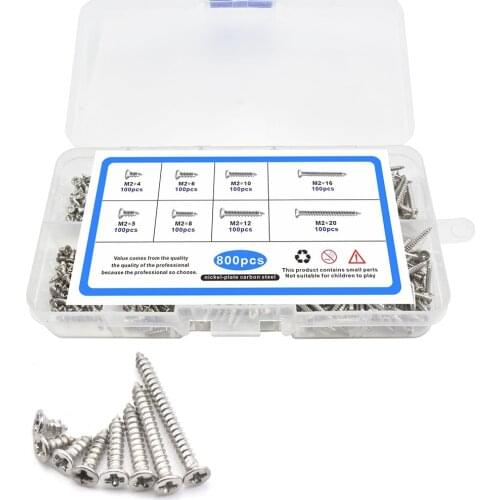 800Pcs M2 Self-Tapping Screw Classification Kit Cross Countersunk Flat Head Self-Tapping Screw Set