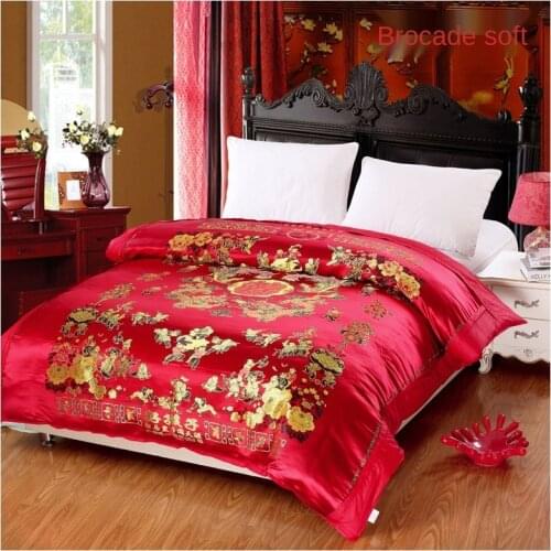 Silk Brocade Wedding Quilt Cover Bright Red Green Soft Forged Quilt Cover Silk Forging Quilt Cover Wedding Happiness