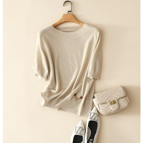 Spring autumn comfortable 100% cashmere sweaters women short sleeve crew neck plain knitwear chic quality Jersey for ladies