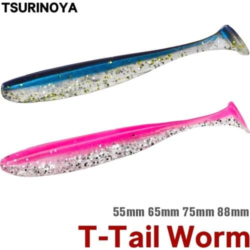 TSURINOYA 65mm 75mm T Tail Wrom Fishing Lures Soft Lure Artificial Bait Tackle Jerkbaits Pike Bass